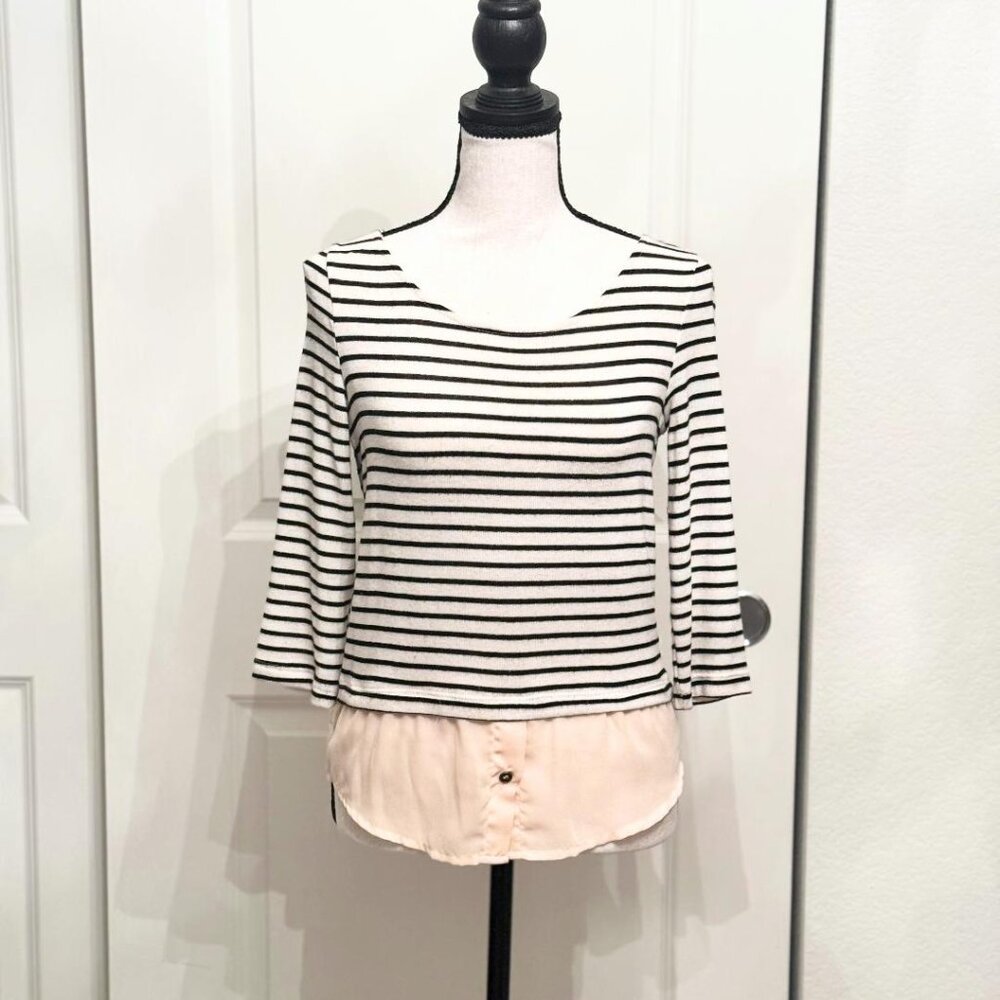 Maison Jules Black White Peach Striped 3/4 Sleeve Layering Blouse Top, Size XS